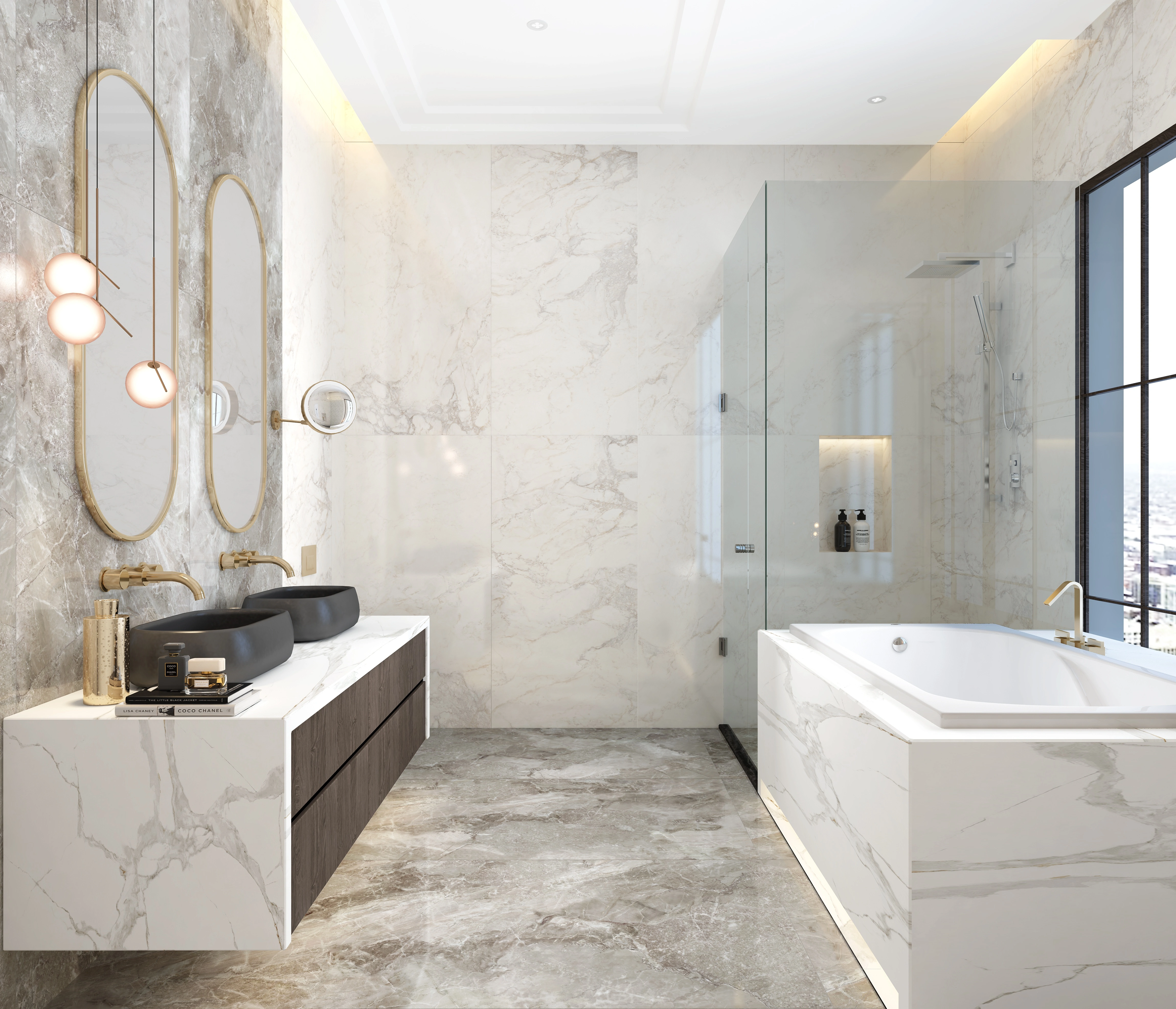 Luxury modern marble bathroom with glass shower