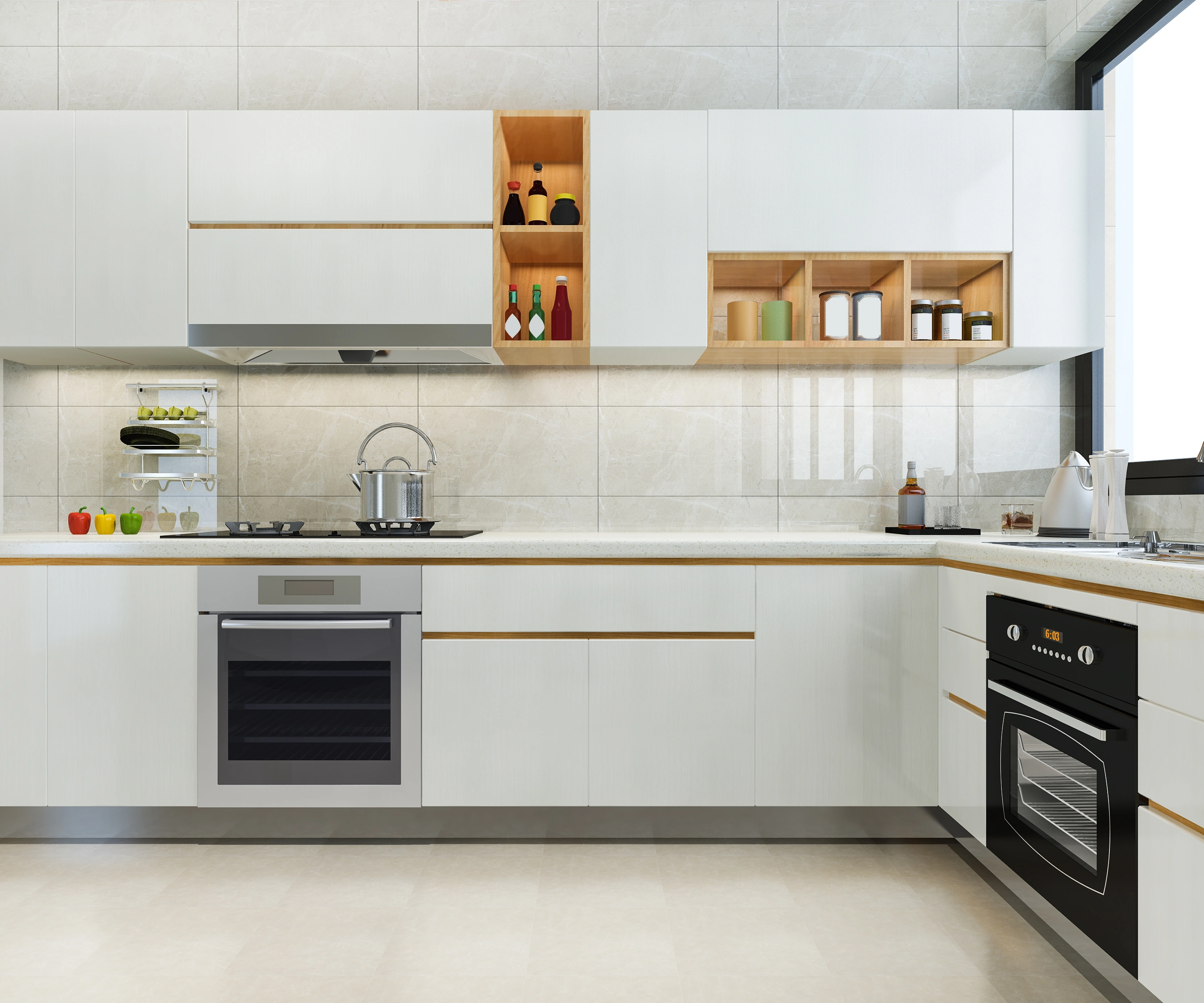 Modern kitchen counter with white and beige cabinetry